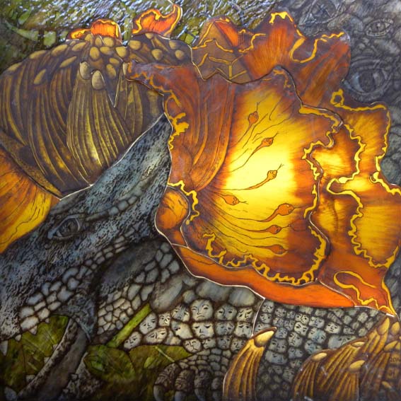 Verborgen nijd. Vrij werk. Brandschilderen, appliqé. Afmeting 50x50cm.