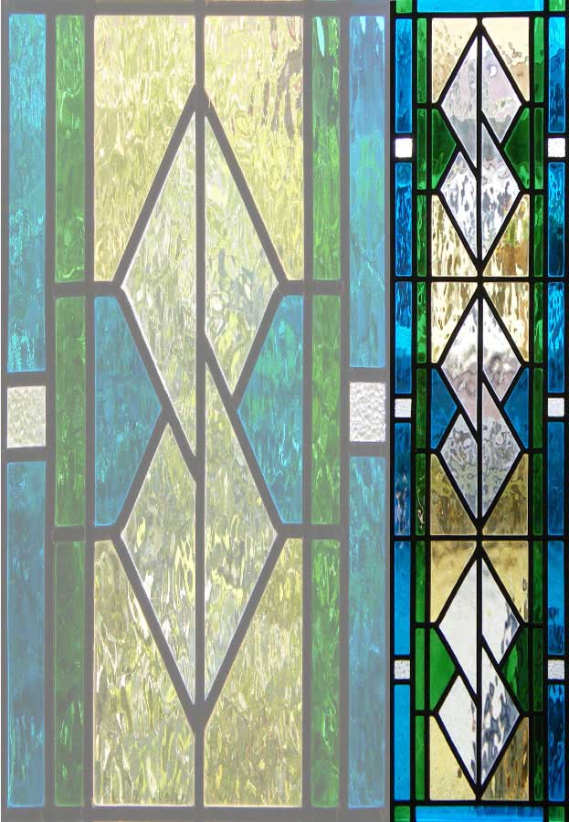 Raam. Glas in lood. Afmetingen 0,30 cm – 1,23 cm. Ontwerp en uitvoering door Glasatelier Anja.